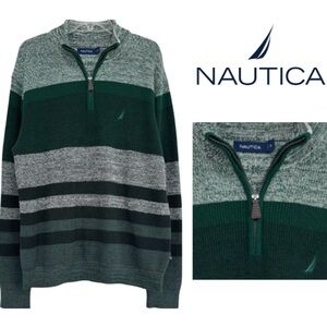 Nautica Quarter Zip Sweater Luxury Knit Colorblock Stripe Green Gray Men Size XL